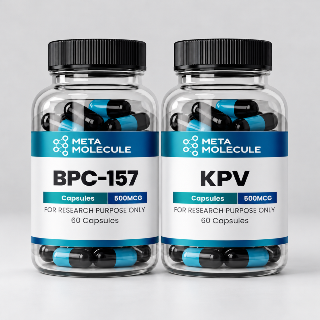 Meta Molecule BPC-157 and KPV 500 mcg 60 capsule bottles