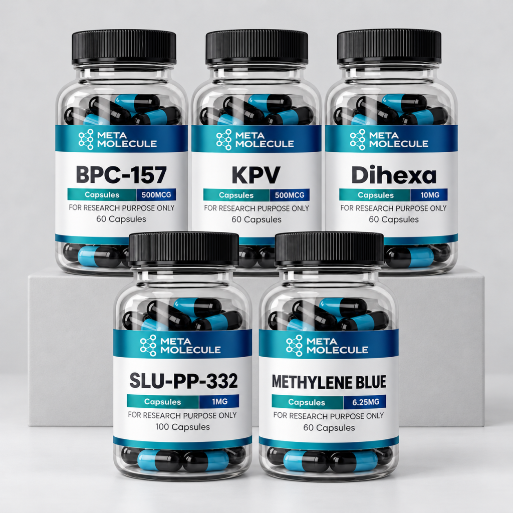 Meta Molecule Capsule Bundle with BPC-157, KPV, Dihexa, SLU-PP-332 and Methylene Blue bottles